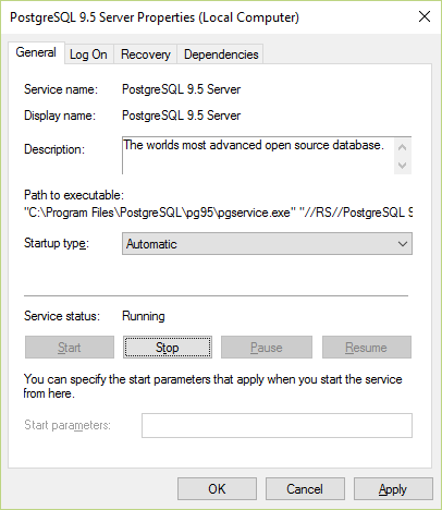 PostgreSQL 9.x server configurasi default